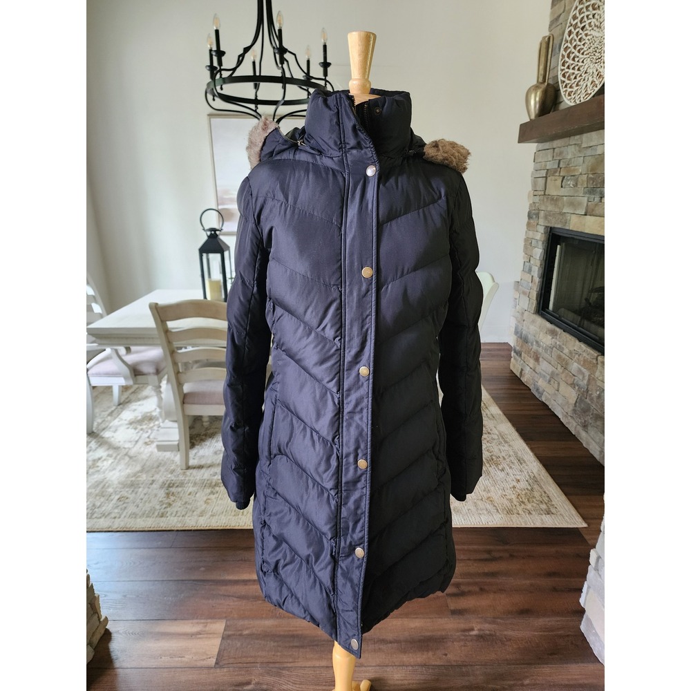 Banana Republic Womens Black Long Quilted Puffer Parka Faux Fur Hood M
